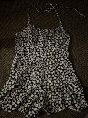 Navy Floral Halter Romper with White Daisies